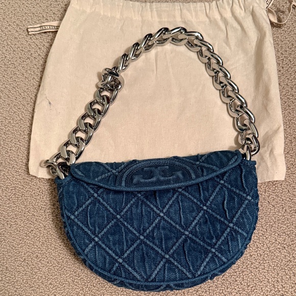 Tory Burch Mini Fleming Soft Denim Crescent Bag in Quilted Blue Denim - Picture 2 of 5